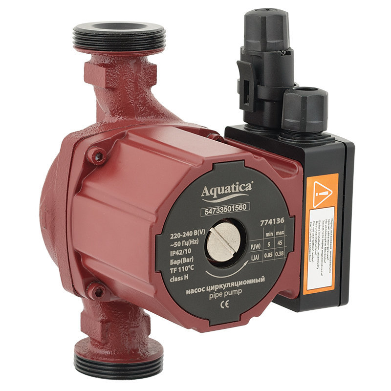 Насос циркуляционный Aquatica 5-45Вт Hmax 6м Qmax 50л/мин Ø1½ 180мм + гайки Ø1 (774136)