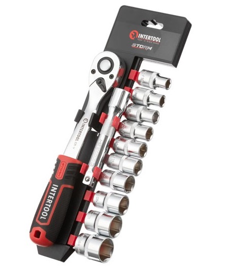 Набор головок Intertool 1/2" 10-24 мм удлинитель рукоятка 72 зуба 12ед. Cr-V STORM (ET-8014)