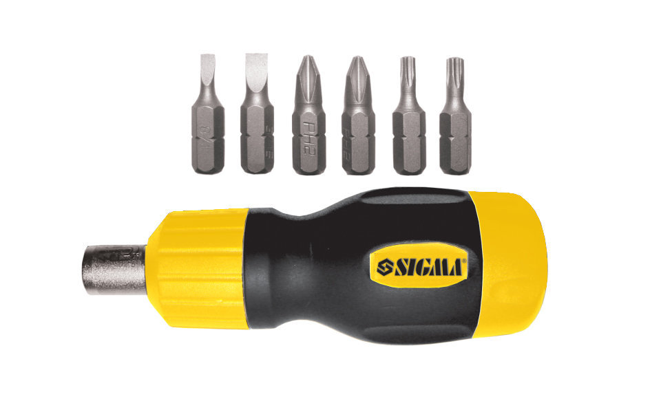 Отвертка MINI Sigma с реверсом и трещоткой + биты 6шт CrV (4002061)