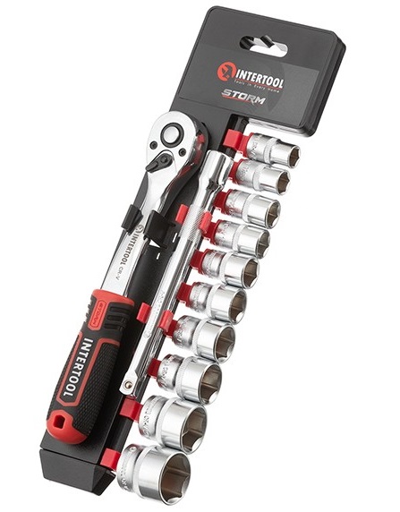 Набор головок Intertool 3/8" 10-24 мм удлинитель рукоятка 72 зуба 12ед. Cr-V STORM (ET-8013)