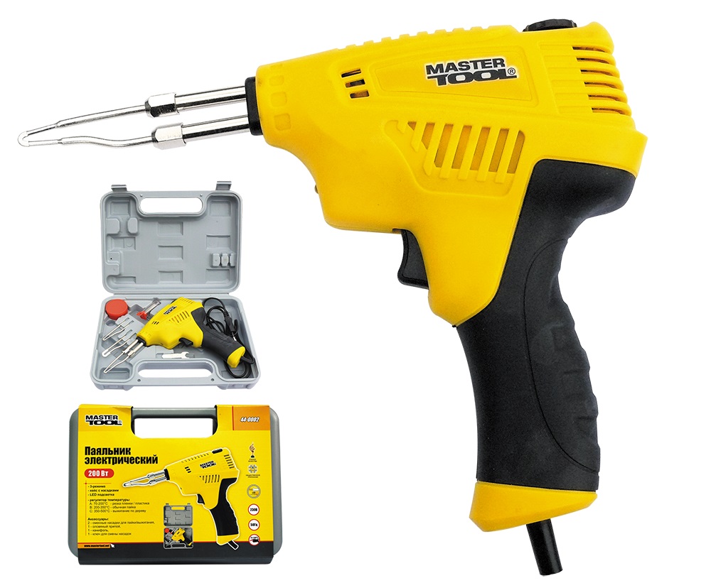 Паяльник импульсный с трансформатором Mastertool 200 Вт, 3 режима в кейсе с насадками (44-0002)
