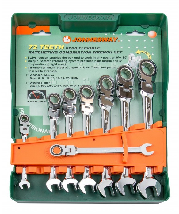 Набор ключей комбинированных трещоточных с карданом Jonnesway 8 шт (W66308S)