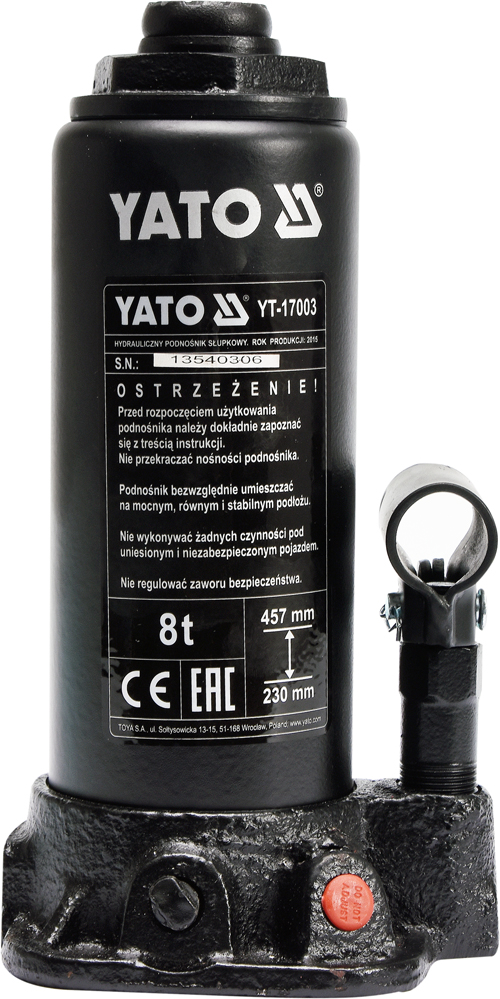 Домкрат гидравлический бутылочный Yato 8 т 230 - 457 мм (YT-17003)