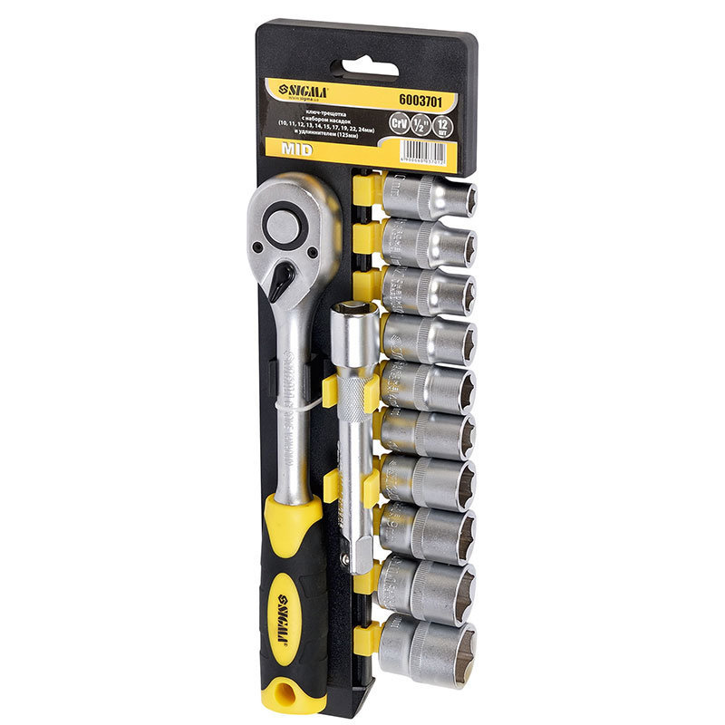 Ключ-трещотка ½ с набором насадок и удлинителем Sigma 12шт CrV mid (6003701)