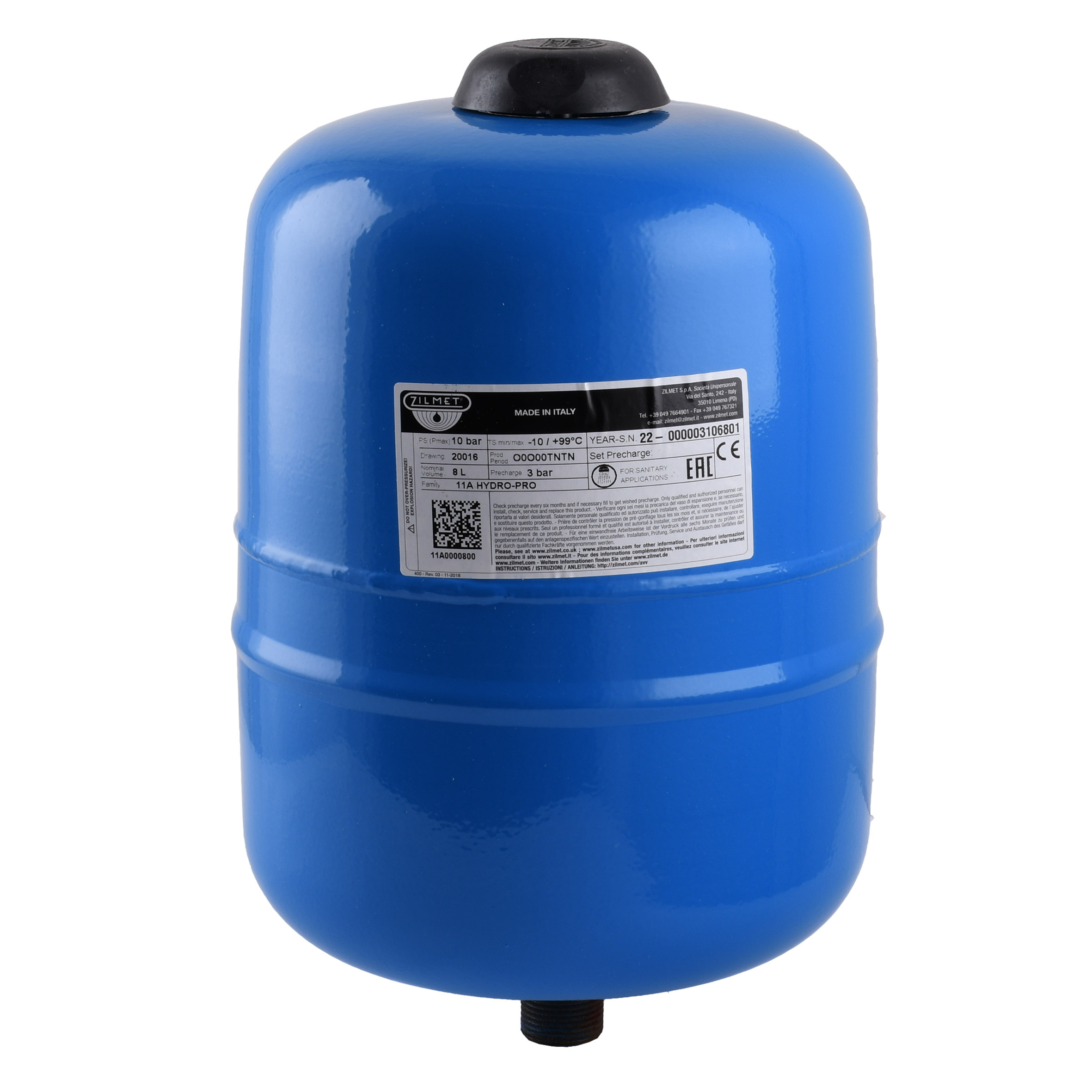 Гидроаккумулятор c фиксированной мембраной 8л ZILMET HYDRO-PRO 10bar ( 11A0000800 )