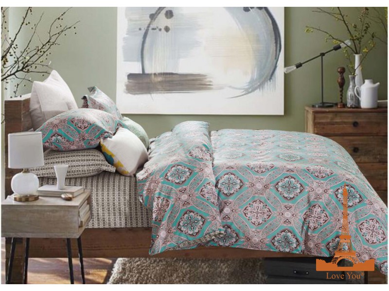 Комплект постельного белья Love you 220х230 см 4шт Евро Бирюзовый (Pattern 41)