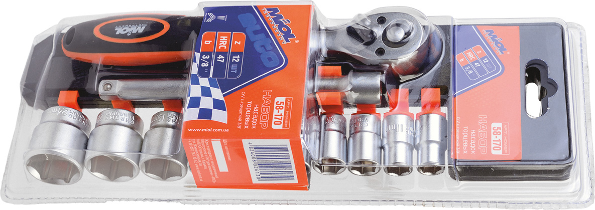 Набор насадок торцевых Miol с трещоткой 1/4'' 12 шт CRV (58-152)