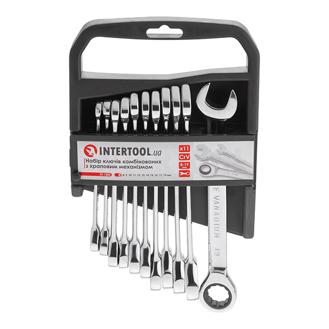 Набор ключей комбинированных с храповым механизмом Intertool 11шт 8-19мм CrV, PROF DIN3113 (XT-1304)