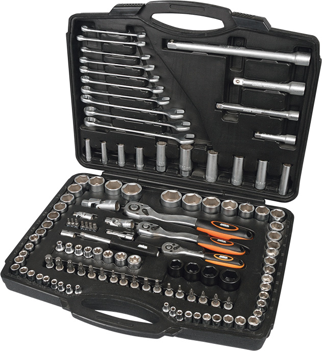 Набор насадок торцевых Miol с трещотками 1/4'', 3/8'', 1/2'' и ключами 120 шт CRV в кейсе (58-070)