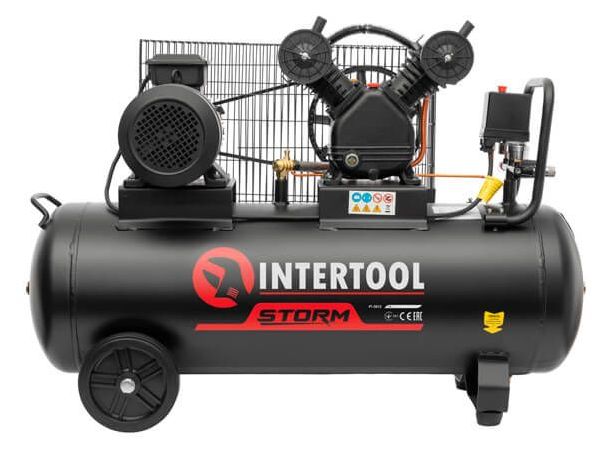 Компрессор Intertool 100л, 4HP, 3кВт, 380В, 8атм, 500л/мин, 2 цилиндра (PT-0013)