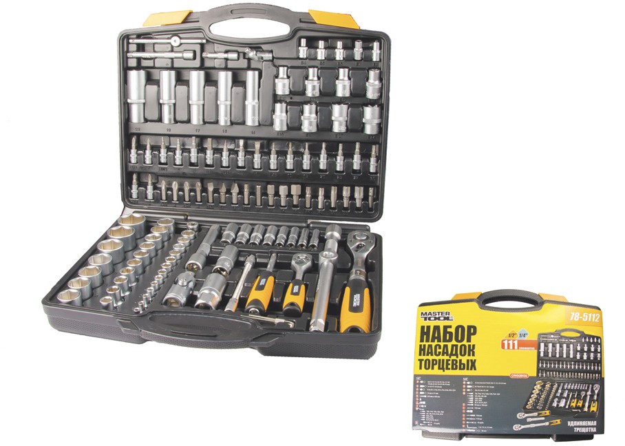 Набор Mastertool PROFI CrV 1/4” - 1/2”, удлиняющаяся трещотка 72 зуба, 111 шт, кейс (78-5112)