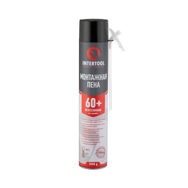 Пена монтажная, всесезонная, 750 мл / 1000 г 60л+, трубочка Intertool (FS-1100)