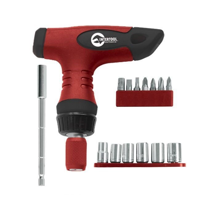Отвертка Intertool Т-образная реверсионная с цанговым зажимом, комплектом насадок 15шт (VT-1015)