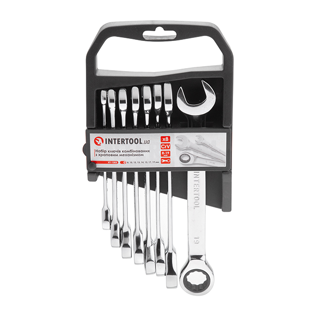 Набор ключей комбинированных с храповым механизмом Intertool 8шт 8-19мм, CrV, PROF DIN3113 (XT-1303)