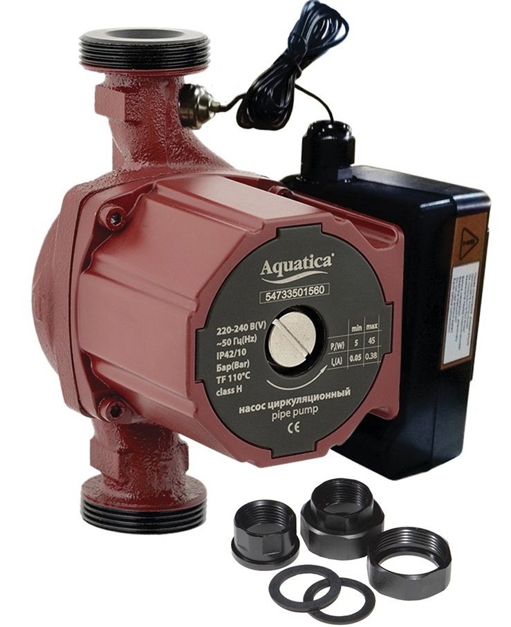 Насос циркуляционный Aquatica 65 Вт Hmax 4 м Qmax 63 л/мин Ø1½" 180 мм + гайки Ø1" (774012)