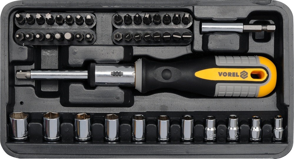 Отвертка реверсивная Vorel 46 насадок, трещотка Cr-V DW (64657)