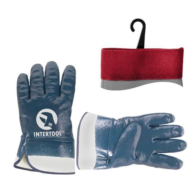 Перчатка Intertool маслостойкая синяя на основе трикотажа покрытая нитрилом с твердым манжетам 10.5