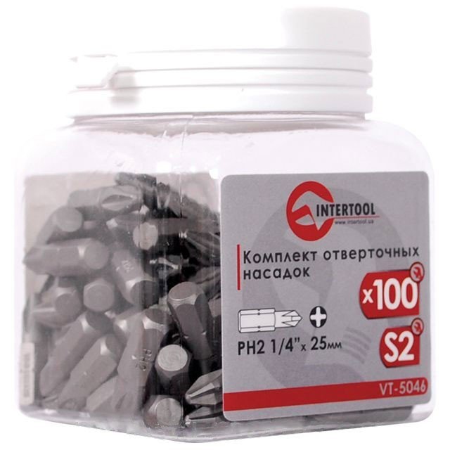 Комплект отверточных бит Intertool PH2 1/4"*25мм 100шт (VT-5046)