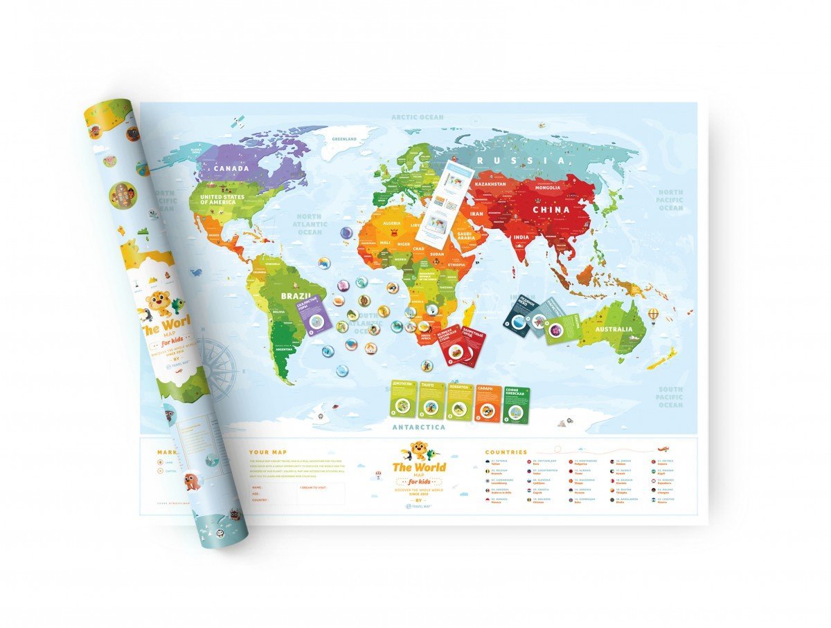 Скретч-карта мира Travel Map Kids Animals рус/англ (тубус)