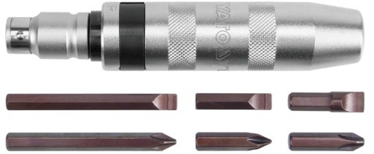 Отвертка реверсивная ударная Yato цельнометаллическая, 6 насадок, квадрат 1/2" 7 шт (YT-2801)