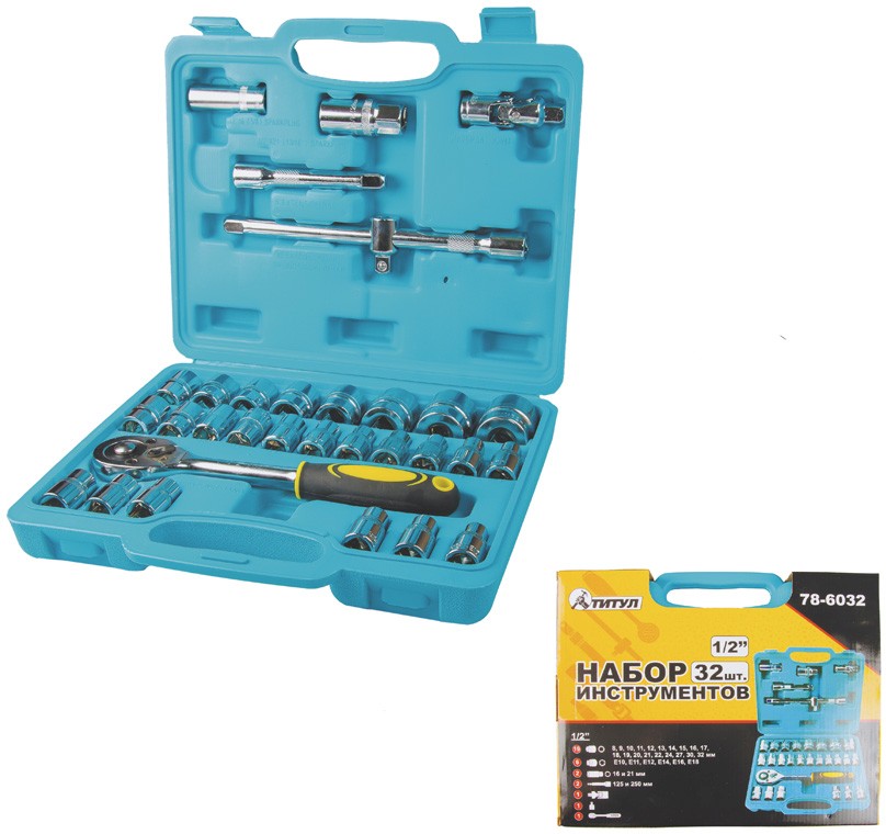 Набор насадок торцевых Mastertool CrV 1/2” с трещоткой 24 зуба, 32 шт в кейсе (78-6032)