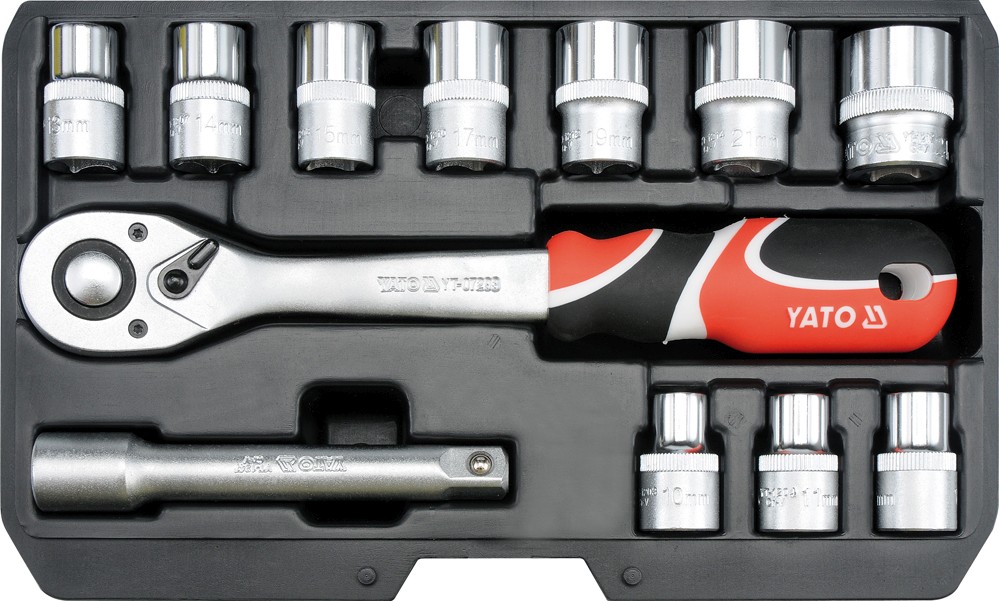 Набор головок торцевых Yato 1/2", М10-24 с трещоткой, удлинителем 12 шт (YT-38671)