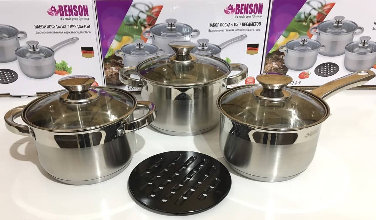 Набор кастрюль из нержавеющей стали Benson 7 предметов (BN-244)