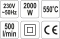 На фото Строительный фен YATO 2000 Вт, 350/ 550 °C, 500 л/мин + 6 аксессуары (YT-82291)