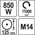 На фото Болгарка YATO 850 Вт, 125 мм, 11000 об/мин (YT-82094)