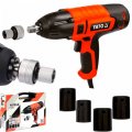На фото Гайковерт ударный YATO 1/4" HEX x 1/2" F, 450 Вт, 450 Нм, 3300 об/мин + 4 головки и кейс (YT-82020)
