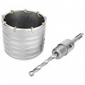 На фото Коронка Intertool по бетону 75мм и переходник SDS Plus 100мм (SD-7075)