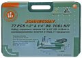 На фото Универсальный набор Jonnesway 1/4"DR 4-13 мм и 1/2"DR 12-32 мм ключи 8-19 мм 77 шт (S04H52477S)