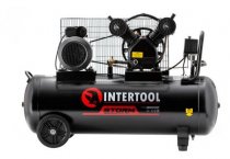 На фото Компрессор Intertool 100л, 4HP, 3кВт, 220В, 8атм, 500л/мин, 2 цилиндра (PT-0014)