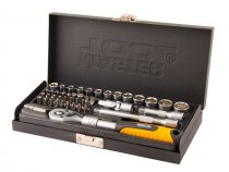На фото Набор насадок торцевых Mastertool 1/4” с удлиняющейся трещоткой 72 зуба, 45 шт CrV (78-2045)