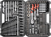 На фото Набор головок торцевых Yato 1/2", 3/8", 1/4" с инструментами, насадками 128 шт (YT-38872)