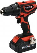 На фото Шуруповерт дрель аккумуляторный YATO Li-ion 18 В 3 Ач, 40 Нм, патрон 13 мм в кейсе (YT-82784)