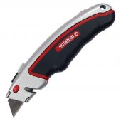 На фото Нож Intertool с трапециевидным лезвием, металлический корпус, прорезиненный (HT-0516)