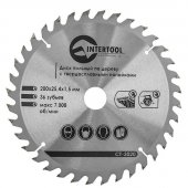 На фото Диск пильный Intertool по дереву с твердосплавными напайками 200*25.4*1.5мм, 36 зубьев (CT-3020)
