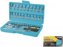 На фото Набор насадок торцевых Mastertool CrV 1/4” с трещоткой 24 зуба, 46 шт в кейсе (78-6046)