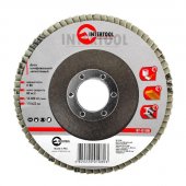 Диск шлифовальный лепестковый Intertool 115*22мм, зерно K80 (BT-0108) На фото Диск шлифовальный лепестковый Intertool 115*22мм, зерно K80 (BT-0108)