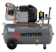 На фото Компрессор Intertool 50л, 4HP, 3кВт, 220В, 8атм, 420л/мин, 2 цилиндровый (PT-0007)